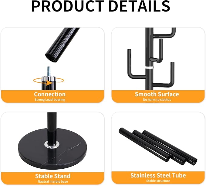 ZOZOE Metal Modern Coat Racks, Cactus Coat Rack Freestanding with Natural Marble Base, Black Coat Rack Stand with 8 Hooks, Coat Tree Hanger Stand for Bags, Hats, Entryway, Office