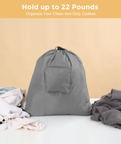 Travel Laundry bags, 2 Pack Dirty Laundry Travel Bag, Foldable Dirty Clothes Bag for Traveling, Washable and Small Laundry Bag with Handles for Suitcase, Gym, Camping, Black+Grey