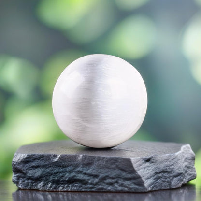 Selenite Sphere Crystal 3.14" with 4" Wooden Stand - Healing Crystals and Meditation Accessories for Spiritual Room Decor, Protection Crystals and Energy Healing - Crystal Decor Spiritual Gift