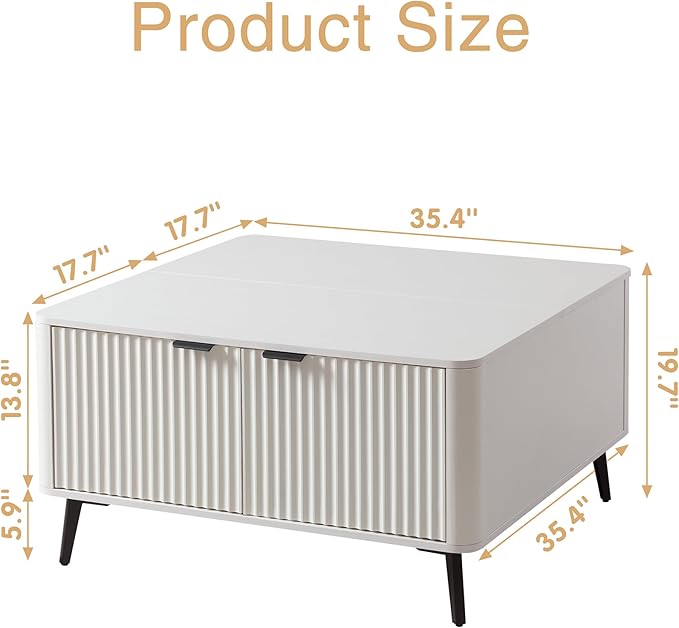 Fatmok Large Lift Top Coffee Table with Hidden Compartment, 35.4" Wide Oversized Square Coffee Table with Storage, Mid Century Modern Fluted Center Table for Home Living Room, White