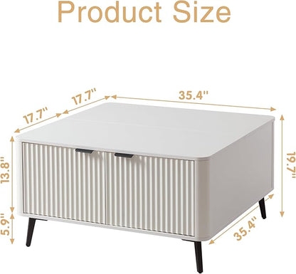 Fatmok Large Lift Top Coffee Table with Hidden Compartment, 35.4" Wide Oversized Square Coffee Table with Storage, Mid Century Modern Fluted Center Table for Home Living Room, White