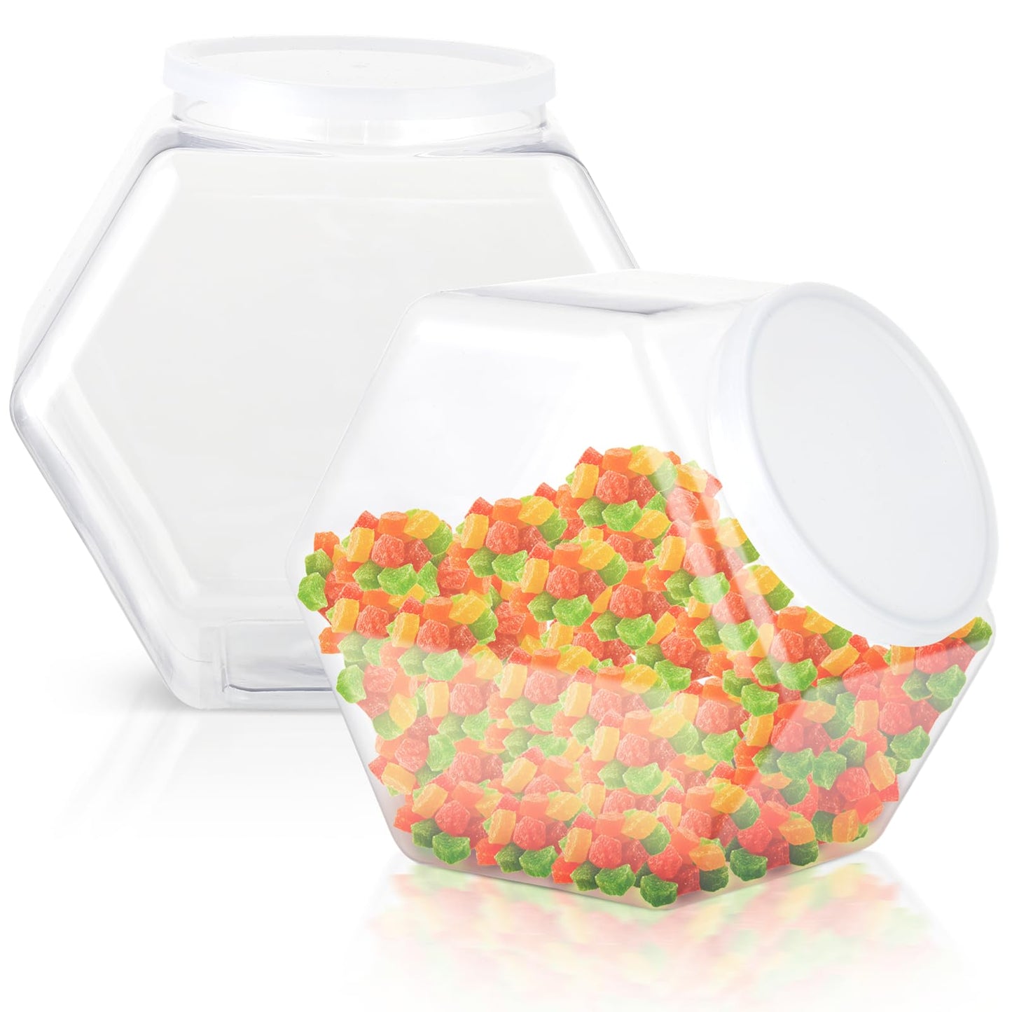 Varku 129oz Plastic Candy Jars, 2 Packs Hexagon Cookie jars with Snap-On Lid, Clear Candy Containers for Kitchen Counter, Plastic Canisters for Snacks, Flour, Pet Treats