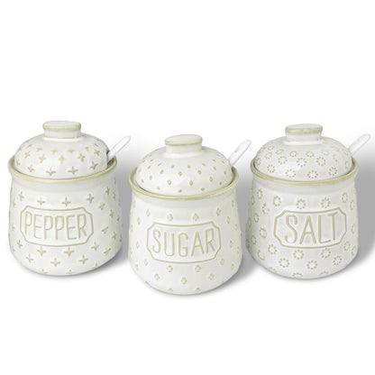 GDCZ 10 Oz Sugar Pepper and Salt Bowls with Lid and Spoon, Ceramics Seasoning Container, Seasoning Jar Spice Container for Kitchen,Dishwasher Safe, Set of 3 (White)