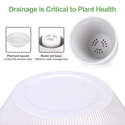 Yaghpy Plant Pots，Set of 2 Plastic Large Pots for Indoor Plants,Flower Pots Outdoor Planters with Drainage Hole and Seamless Saucer,(White 12Inches)