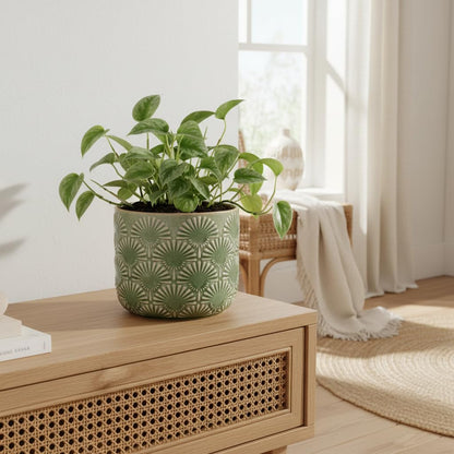 Xiaan Jiaju Boho Embossed Ceramic Flower Pot, 6.7 Inch Contemporary Pots for Indoor Plants, Scandinavian Decorative Glazed Planter with Fan Pattern, Mint Green