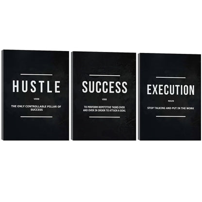 Halioyo Motivational Wall Art, 3 Pane Inspirational Canvas Prints with Positive Saying, Hustle Success Office Wall Decor for Living Room, Bedroom, Workspace, Ready to Hang(12x16 inch)