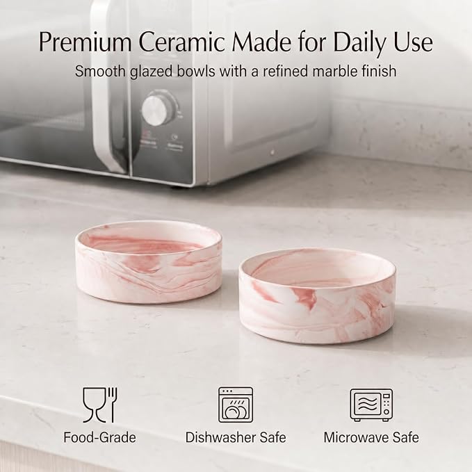 Ceramic Dog Bowls with Non-Slip Bamboo Stand - Dog Food and Water Bowl Set Ideal for Cats and Small Dogs - Double 5.1" Pet Dishes, Each Feeder Holds 1.4 Cups / 10.8 fl oz - Pink Marble