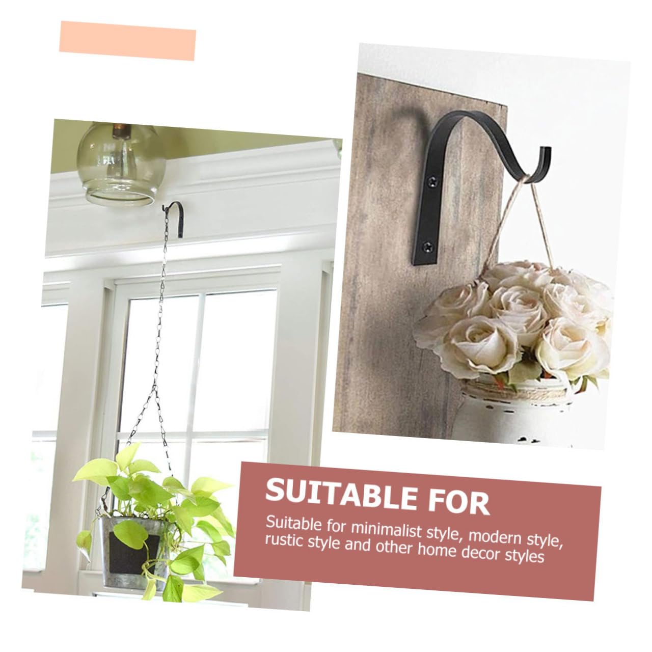 PHENOFICE 6pcs Wall-Mounted Wrought Iron Flower Basket Hooks for Outdoor Plant Hanging Heavy Duty Bracket Holders for Bird Feeders and Flower Pots