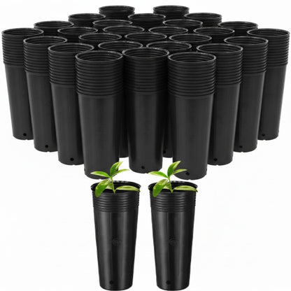 Ferrochef 100 Pack Tall Tree Pot 9.8'' x 4.7'', Black Plastic Deep Nursery Pots, Soft Deep Seedling Pots for Seed Starting, Plant Starter Cups with Drainage Holes for Flowers, Cuttings Transplanting