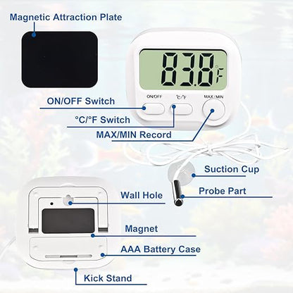 Digital Aquarium Water Thermometer with Large LCD Screen, Measurement Range -58℉ to 572℉, Display ±1℉/±0.5℃, Fish Tank Decoration Accessories, Idea for Reptile, Aquatic, Tub, Refrigerator and Freezer