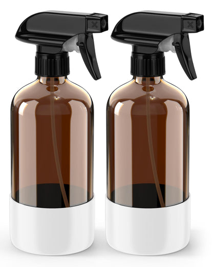 Bontip Glass Spray Bottle with Silicone Sleeve Protection, Amber Glass Spray Bottle Set for Window Cleaner Aromatherapy Facial Hydration Watering Flowers Hair Care 2 Pack/16 oz (White, 16 oz)