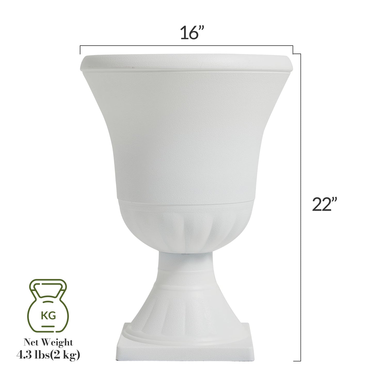Worth Garden 2-Pack Plastic Urn Planters - 22'' Tall Round Classic Resin Flower Pots Pure White Traditional Large Roman Plant Pots for Front Porch Patio Deck Wedding Decoration Pot - Indoor & Outdoor