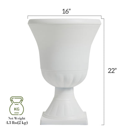 Worth Garden 2-Pack Plastic Urn Planters - 22'' Tall Round Classic Resin Flower Pots Pure White Traditional Large Roman Plant Pots for Front Porch Patio Deck Wedding Decoration Pot - Indoor & Outdoor