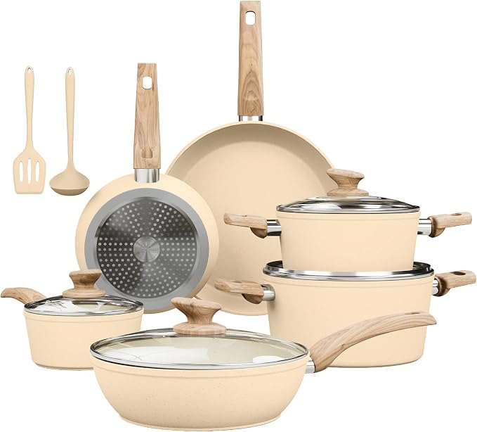 Kitchen Academy Beige Pots and Pans Set Non Stick, 12Pcs Induction Cookware | Even heating, easy to clean granite. Healthy kitchen cooking experience. 100% PFOA & PFAS free.