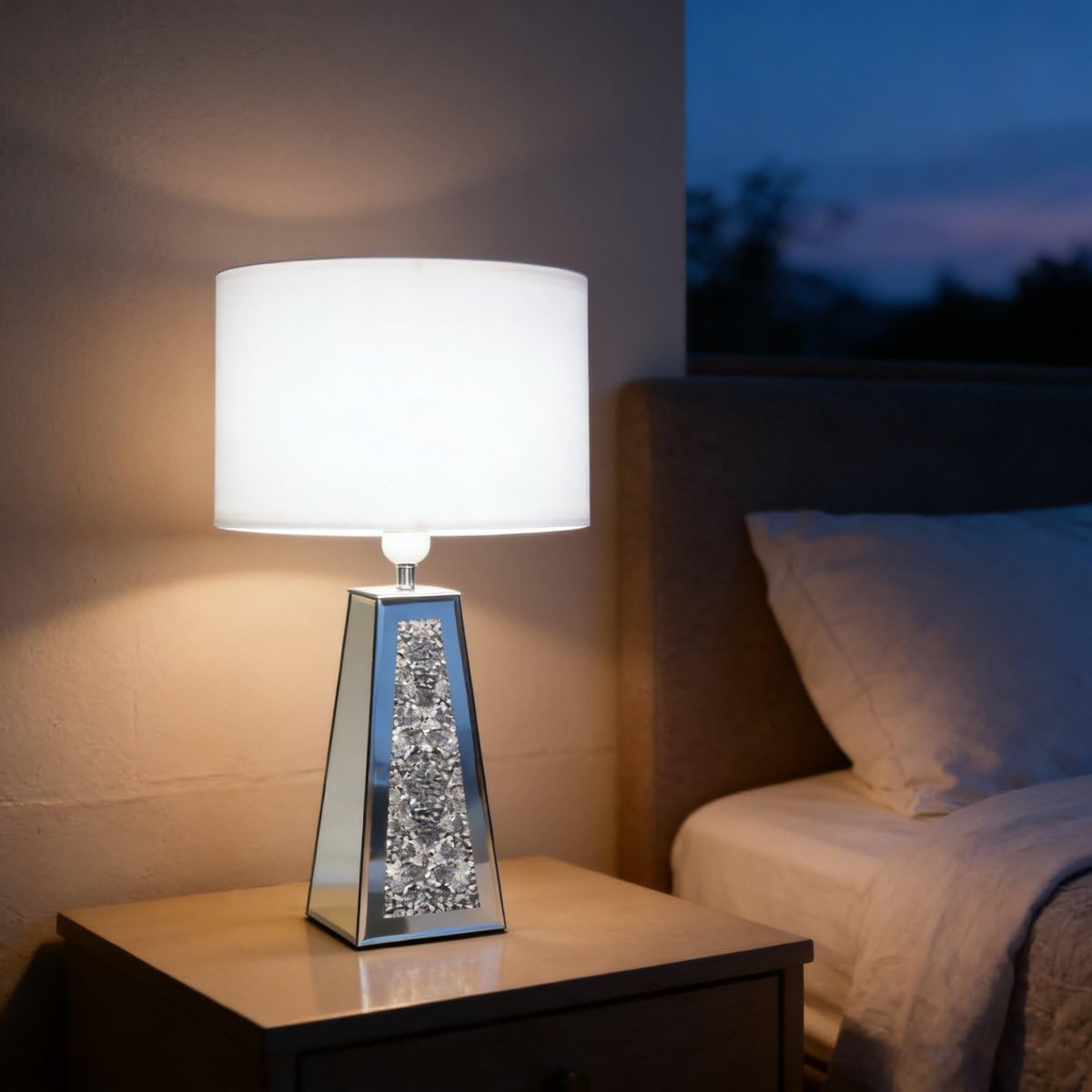 GOTHICO Silver Mirror Crushed Diamond LED Table Lamp, Four Prism Shaped Crystal Diamond Mirrored Base,White Round Linen Shade, 20.7" Height for Living Room Bedroom Office, Modern Art Decor,Set of 2