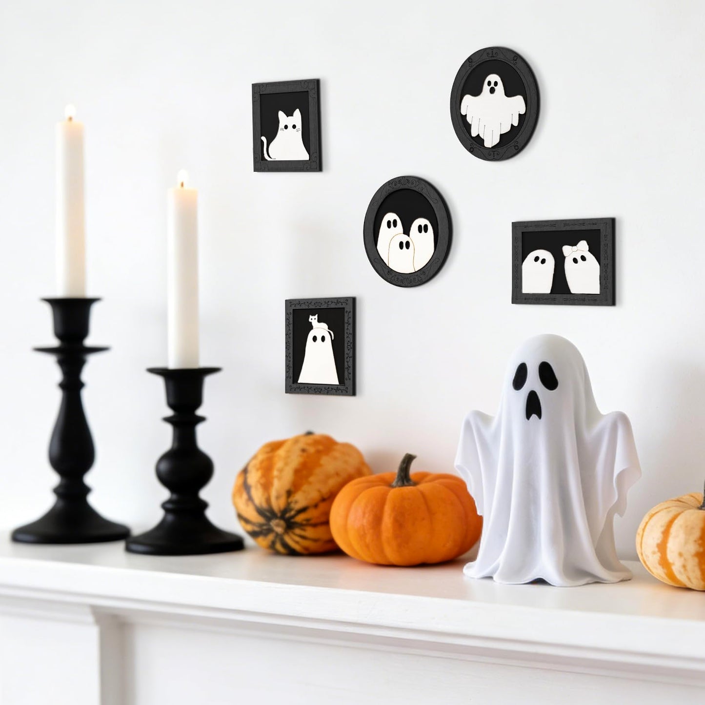 JarThenaAMCS 15 Set Halloween Wood DIY Frames Decorating Craft Unfinished Black Cat Ghost Wooden Gift Ornament Painting Set with White Black Paint and Brush for Art Party Supplies, Not Include Glue