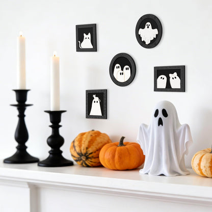 JarThenaAMCS 15 Set Halloween Wood DIY Frames Decorating Craft Unfinished Black Cat Ghost Wooden Gift Ornament Painting Set with White Black Paint and Brush for Art Party Supplies, Not Include Glue