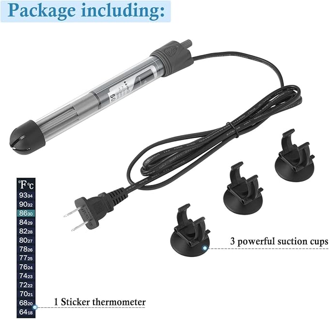 HITOP 50W Adjustable Aquarium Heater, Submersible Fish Tank Heater Thermostat with Suction Cups for 8-16Gal