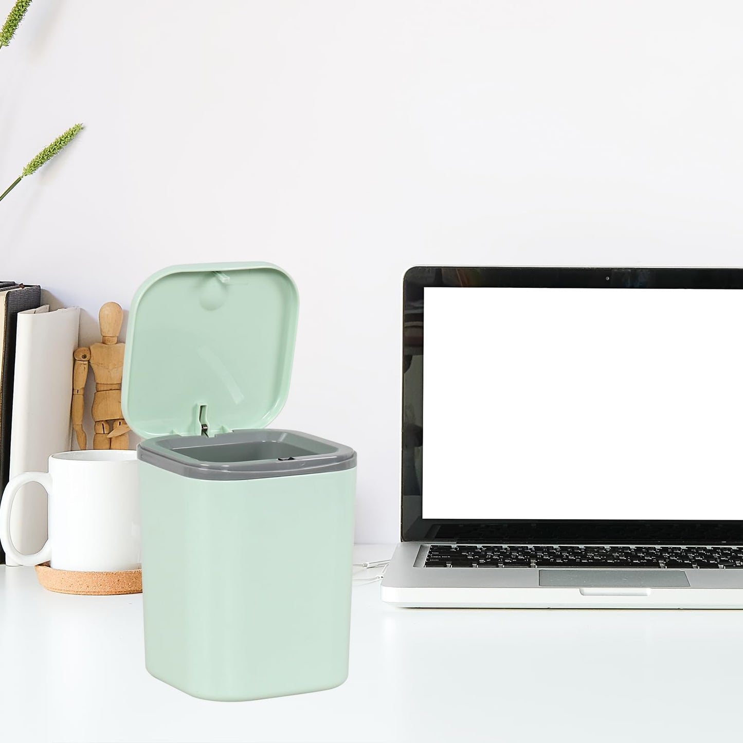 Feicanhao Mini Desk Trash Can with Lid, 0.5 Gallon/2 L Press-Top Tiny Countertop Waste Basket, Green