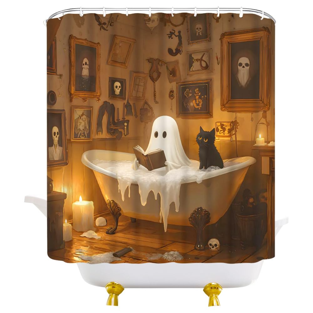 JEJOMEAG Funny Ghost Cat Shower Curtain Cute Halloween Scary Spooky Fun Orange Gothic Fabric Bathroom Decor Curtain with Hooks, 70Wx70H