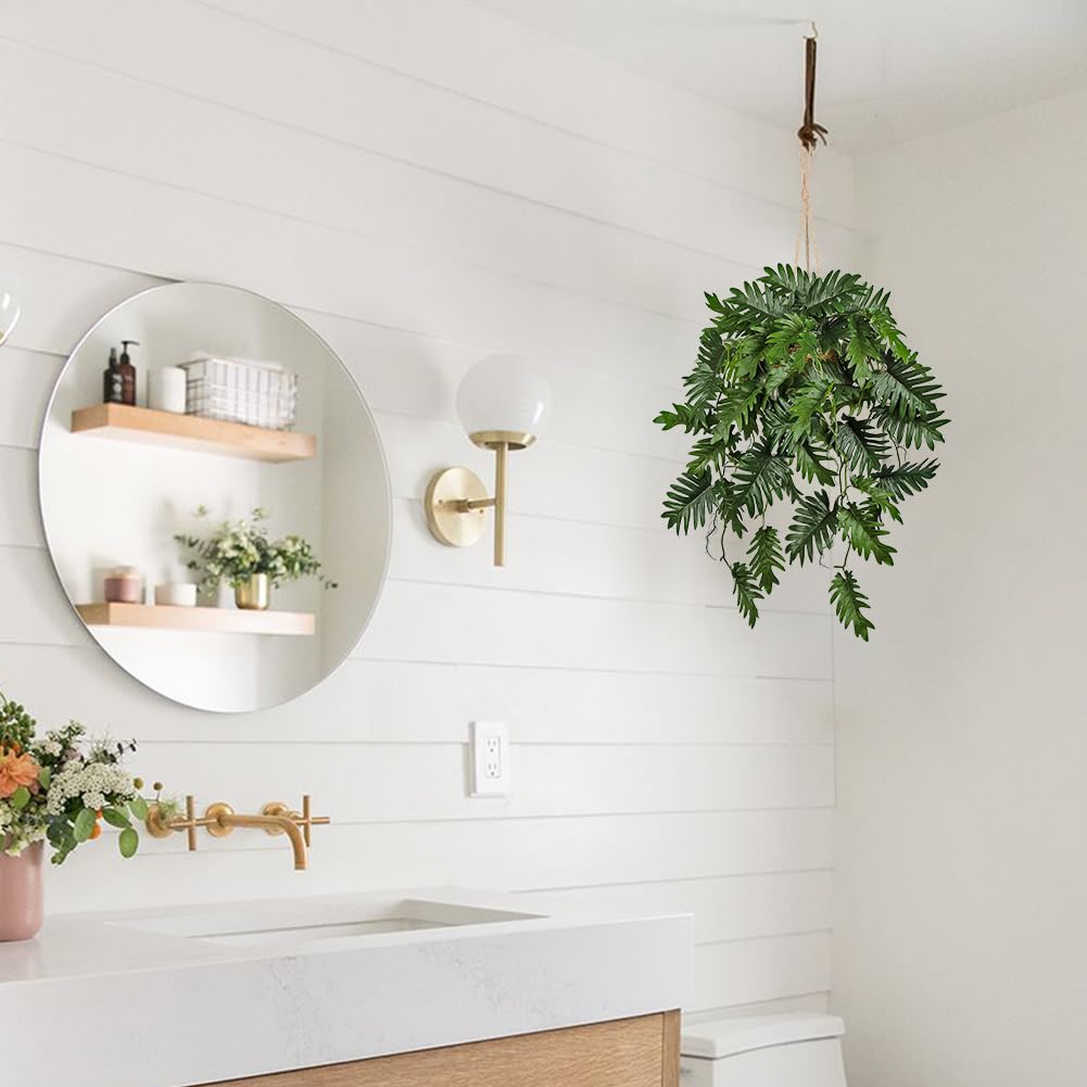 Large Fake Hanging Plants in Pot for Indoor & Outdoor, Long Artificial Monstera Hanging Basket, 27.6" Fake Potted Vines Ivy Greenery Plant for Room Wall Shelf Decor Living Room Bathroom Patio Porch
