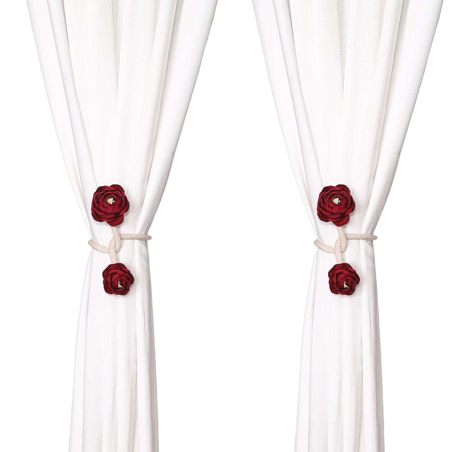SUQ I OME 2 Pieces Handmade Artificial Christmas Red Flower Curtain Holdbacks,Curtain Tiebacks Clips Creative Window Drape Twist Tie Backs for Christmas Decorative Draperies Holdbacks (Wine Red)