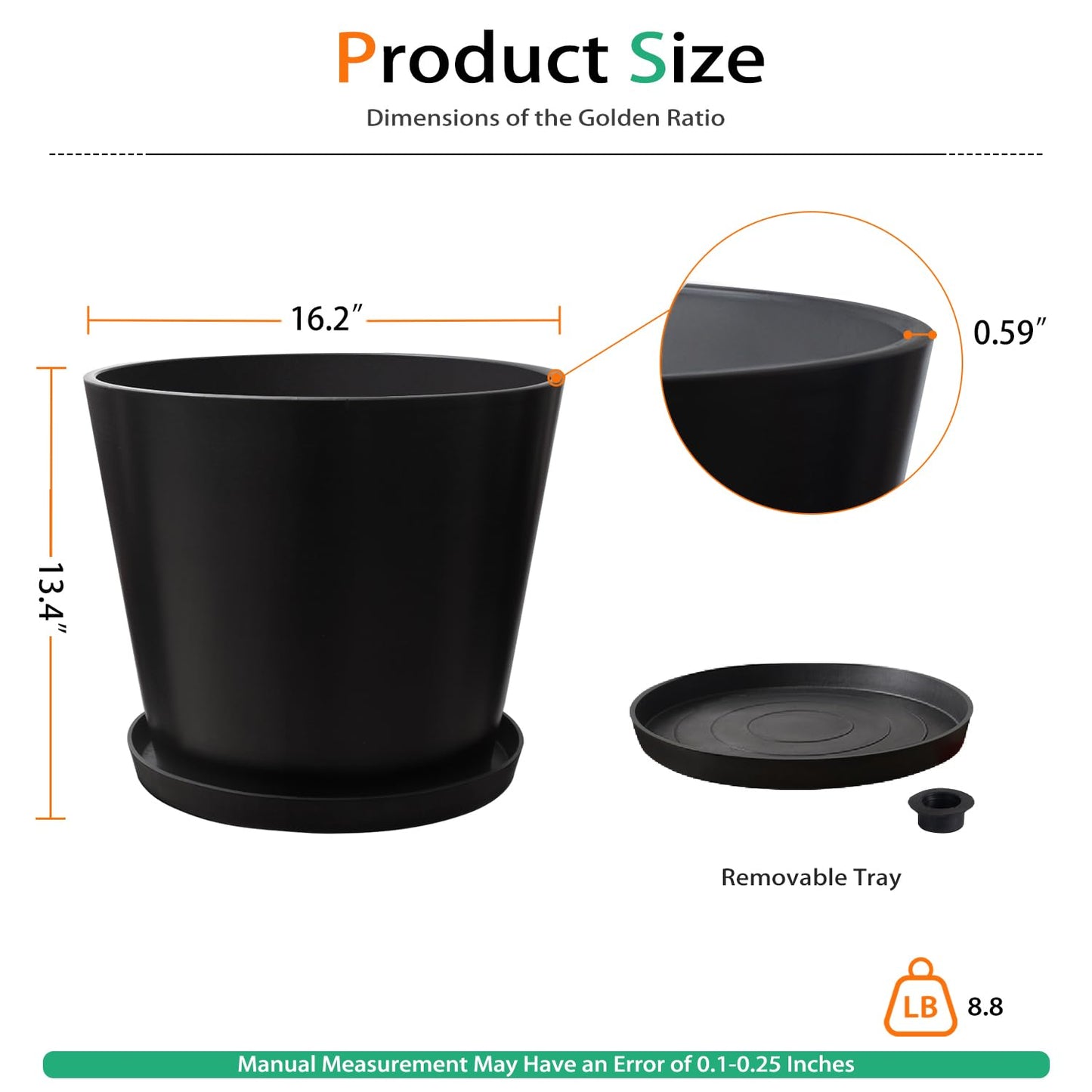 Heyzier Wide Planters for Outdoor Plants, Extra Large Indoor Flower Pots for Garden, Front Porch, Patio - Round Resin Planter Set of 2 (Black, 16" D x 14" H)