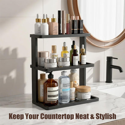 PEKER Bamboo Bathroom Organizer Countertop – Vanity Storage Shelf for Makeup, Perfume, Skincare – Natural Cosmetics Display Rack for Dresser, Sink, Kitchen – Black