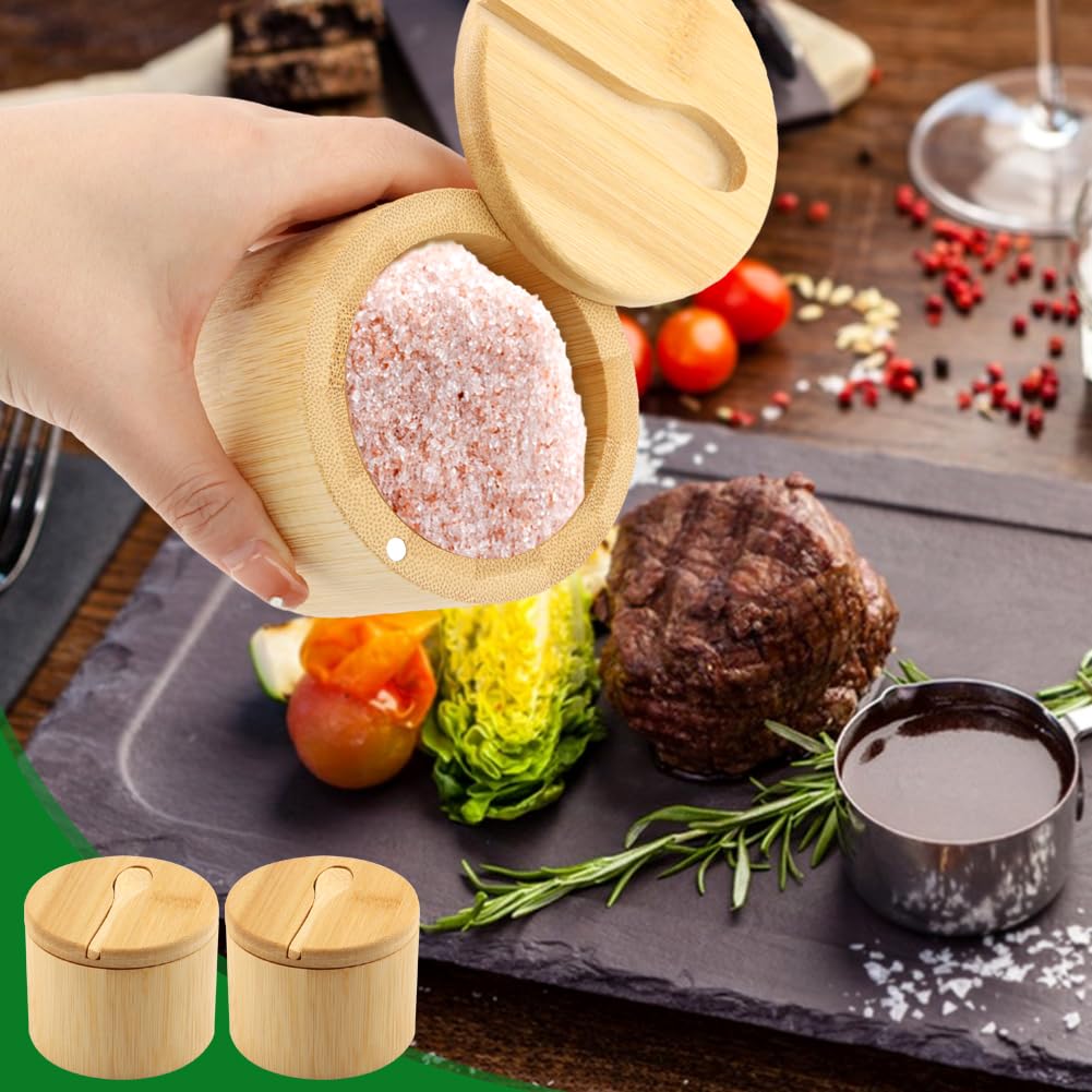 Bamboo Salt Cellar with Magnetic Swivel Lid & Spoon, 2Pcs Spice Box Bowl Storage Box Salt Container to Storage Pepper, Table Salt, Gourmet Salts, Spice, Sugar(SIZE:6 oz)