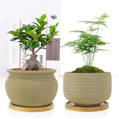 MUZHI Rustic Small Plant Bonsai Pot with Bamboo Tray Set of 4, Unglazed Ceramic Cactus Planter Pot Indoor with Drainage Hole 4Inch 5Inch