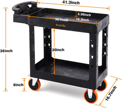 ELAFROS Heavy Duty Plastic Utility Cart 41.3 x 17 Inch - Ergonomic Handle Work Cart Storage W/Deep Shelves and 2 Fixed 2 Swivel Wheels Safely Holds up to 550 lbs - 2 Tier Service Cart with 6" Wheels