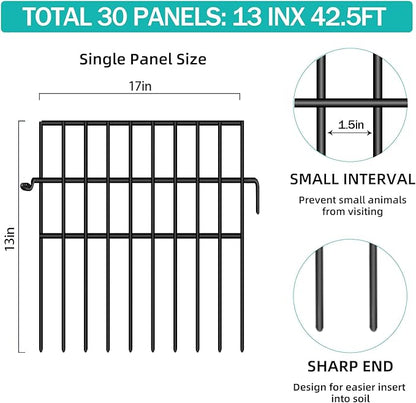 30 Panels Animal Barrier Fence, No Dig Fences, 13in(H) X 42.5ft(L) Garden Fence Animal Barrier for Rabbit and Dog Under Fencing Barrier, Rustproof Metal Fences Border for Outdoor, Yard, Patio