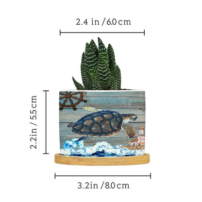 DreamAutumn Ocean Theme Sea Turtle Ceramic Pots for Plants with Drainage Holes Round Flower Pot Bamboo Tray Orchid Pot Succulents Pots for Outdoor Indoor Plants,Housewarming Gifts