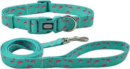 Dog Collar Leash Set, Flamingo Pattern, Polyester Material, Adjustable Collar and 5ft Matching Leash, for Puppy Dogs.(XS, Green Flamingo)