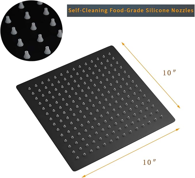 BESy 10 Inch Rain Shower Head, 10" Square Rainfall & High Pressure Stainless Steel Bath Showerhead, 1/16" Ultra Thin, Waterfall Full Body Coverage with Silicone Nozzle, Matte Black Finish