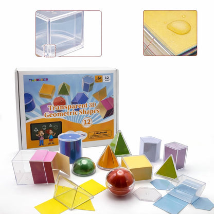 Geometric Solids 3D Shapes & 2D Folding Nets (1.96") 12+12 -Clear Math Manipulatives for Classroom & Homeschool -Thickened Durable Shapes with Smooth Edges,Teacher Supplies for Geometry, Volume & Nets