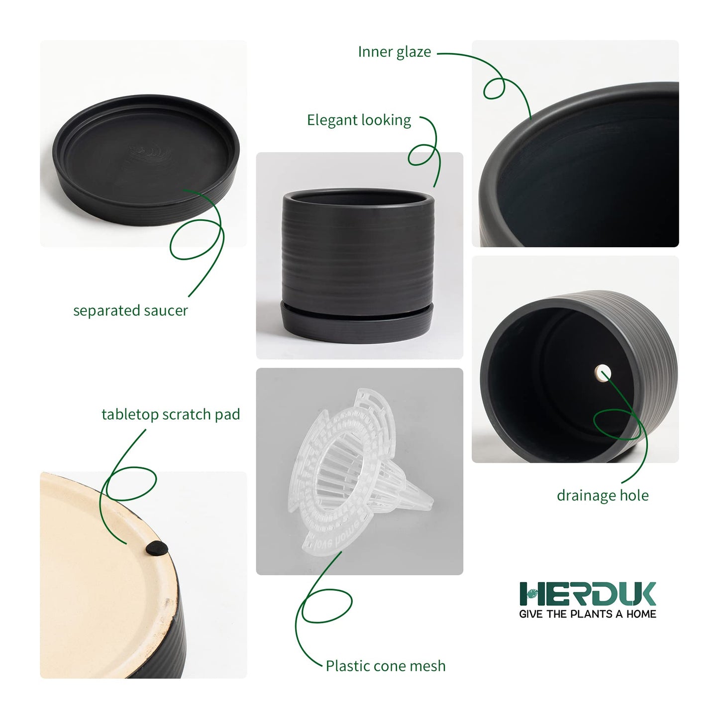 HERDUK 6 Inch Plant Pots, Ceramic Planter Pot with Drainage Hole & Saucer, Indoor/Outdoor Cylinder Round Planter Pot, Matte Black