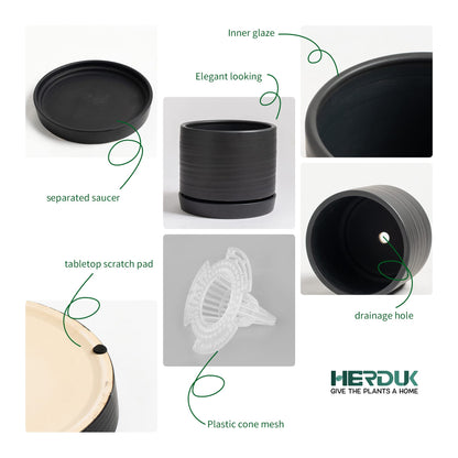HERDUK 6 Inch Plant Pots, Ceramic Planter Pot with Drainage Hole & Saucer, Indoor/Outdoor Cylinder Round Planter Pot, Matte Black