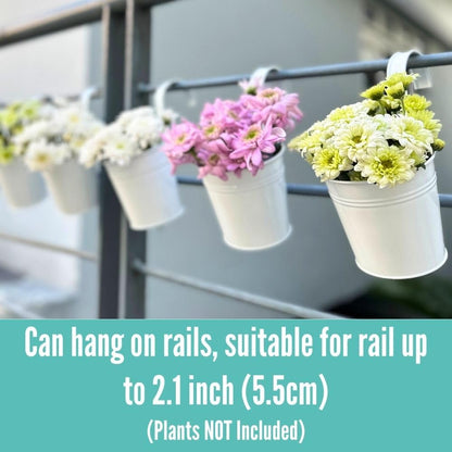 LaLaGreen Bundle- 10 Pack, 4 Inch White Metal Pot + 4 Pack, 12 Inch Geometric Self Watering Pot Modern Stylish Hanging Flower Vase Vessel Rail Porch Deck Window Herbs Plant Holder Indoor Garden Decor
