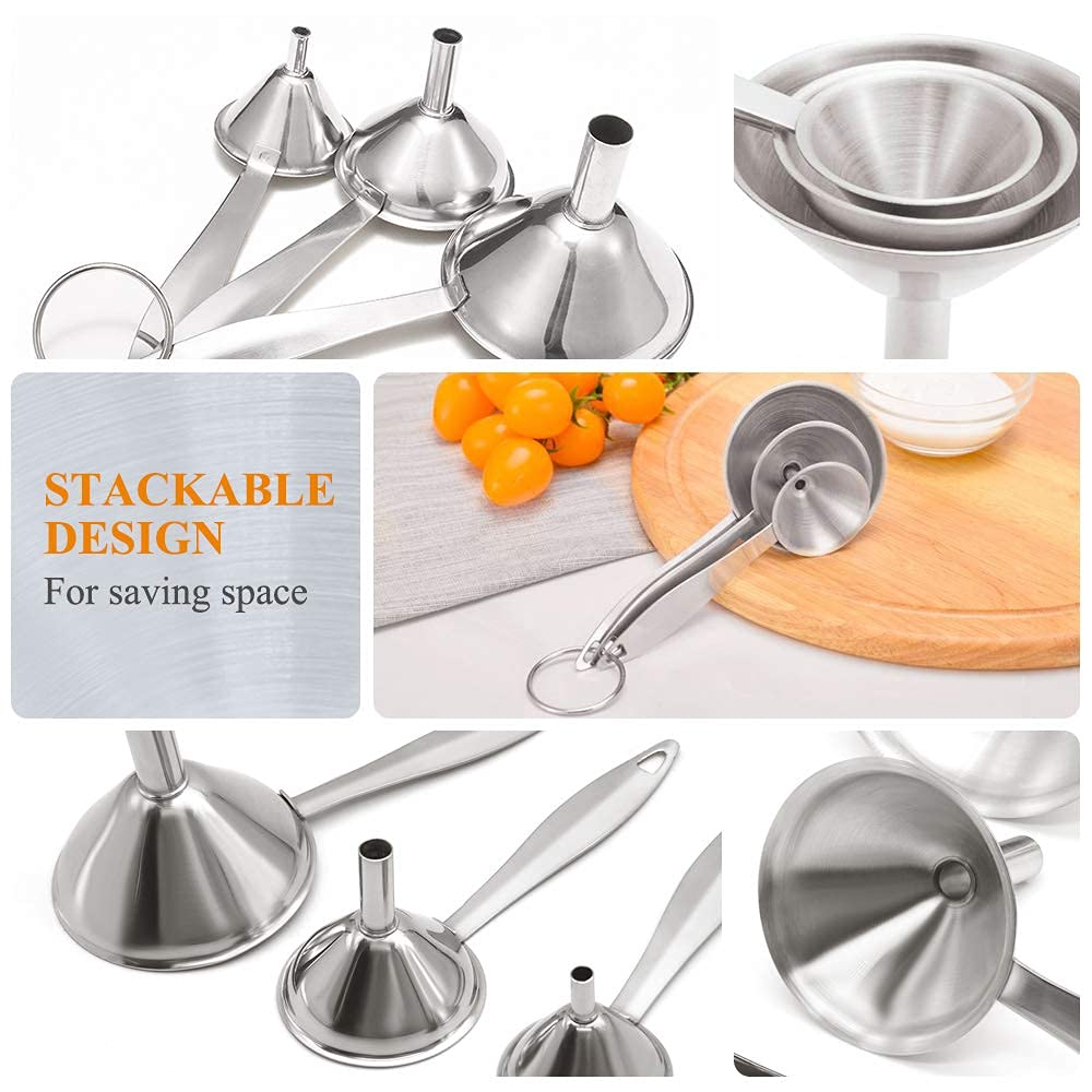 3 in 1 Metal Funnels for Filling Bottles Stainless Steel Small Kitchen Funnel Set for Transferring Essential Oils Liquid Fluid Spice Dry Ingredients Powder, Durable (‎Long-Handled Funnel)