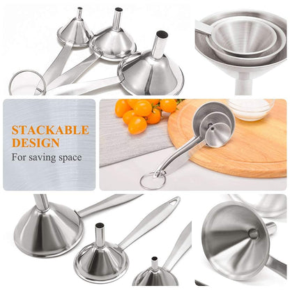 3 in 1 Metal Funnels for Filling Bottles Stainless Steel Small Kitchen Funnel Set for Transferring Essential Oils Liquid Fluid Spice Dry Ingredients Powder, Durable (‎Long-Handled Funnel)