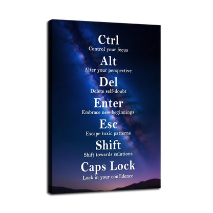 Ctrl Alt Del Signs Inspirational Canvas Wall Art Confidence Quote Motivational Poster Keyboard Inspiring Painting Prints Wall Pictures for Living Room Office Home Decor Framed Artwork [12''W x 18''H]