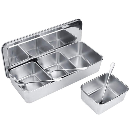 Hitoxi Condiment Server, 21oz Food Grade Stainless Steel Seasoning Jar with Spoon & Lid 3 Removable Compartments 3 Pcs Spices Container Set for Salt Sugar Cruet Snacks Flour Dry Goods