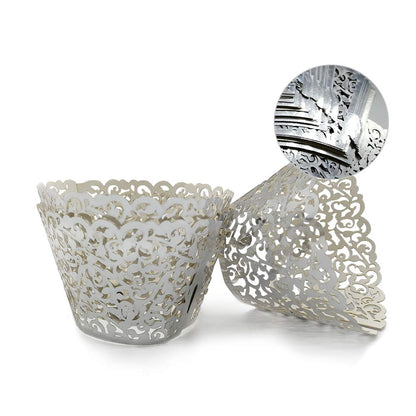 GOLF 100Pcs Cupcake Wrappers Artistic Bake Cake Paper Filigree Little Vine Lace Laser Cut Liner Baking Cup Wraps Muffin CaseTrays for Wedding Party Birthday Decoration (Silver)