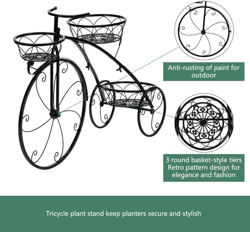 Wintue Artisasset Paint Bicycle Shape Tricycle 3 Tier Plant Stand,3 Potted Metal Stand, Plant Stand for Indoor Outdoor Black