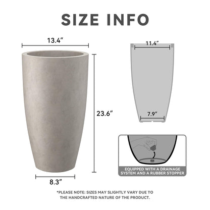Kante 23.6" H Weathered Concrete Finish Concrete Tall Planters Large Outdoor Indoor Decorative Plant Pots with Drainage Hole and Rubber Plug, Modern Tapered Style for Home and Garden