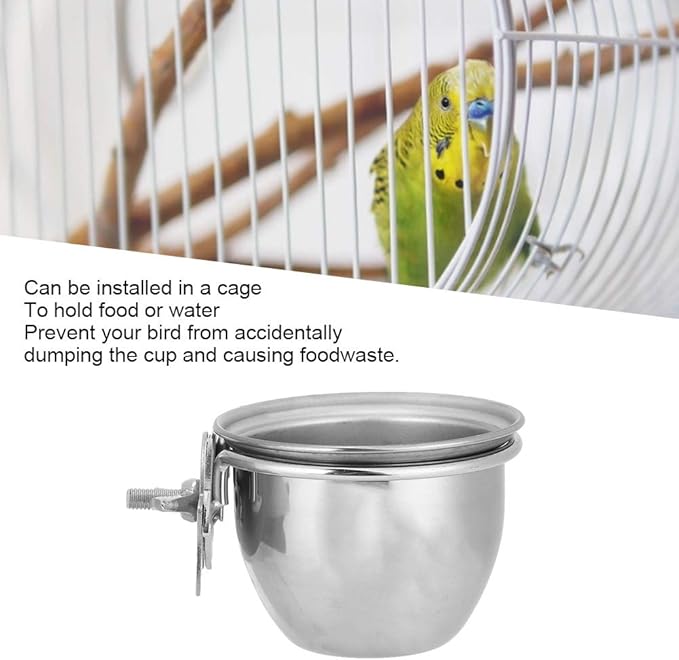 SYH&AQYE Stainless Steel Bird Food Water Coop Cup, Bird Feeding Dish Feeder with Clamp Holder Bird Cage Feeder Set for Macaw African Greys Budgies(7.5cm)