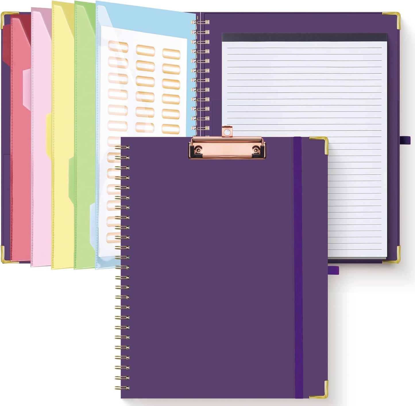 HAUTOCO Clipboard Folio with Refillable Lined Notepad for Letter Size (11" x 8.5"), 5 Dividers with 10 Pockets, Elastic Pen Holder and File Folder Labels, Spiral Nurse Clipboard Artboard(Dark Purple)