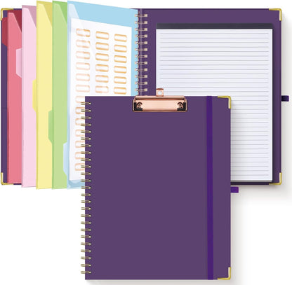 HAUTOCO Clipboard Folio with Refillable Lined Notepad for Letter Size (11" x 8.5"), 5 Dividers with 10 Pockets, Elastic Pen Holder and File Folder Labels, Spiral Nurse Clipboard Artboard(Dark Purple)