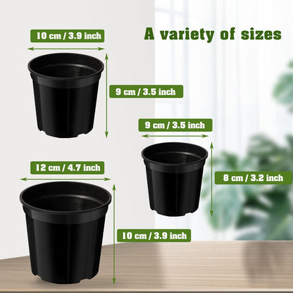 Patelai 100 Pieces Plastic Plant Nursery Pots Reusable Plant Seeding Nursery Pot Flower Plant Containers Seed Starting Pots for Gardens, 3 Sizes (Black)